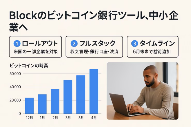 Blockが中小企業向けにBTC銀行ツール導入。Lightning決済と会計・換金・税務を一体化。2025年後半開始、2026年全加盟店対応目標（JST 8/11発表）。