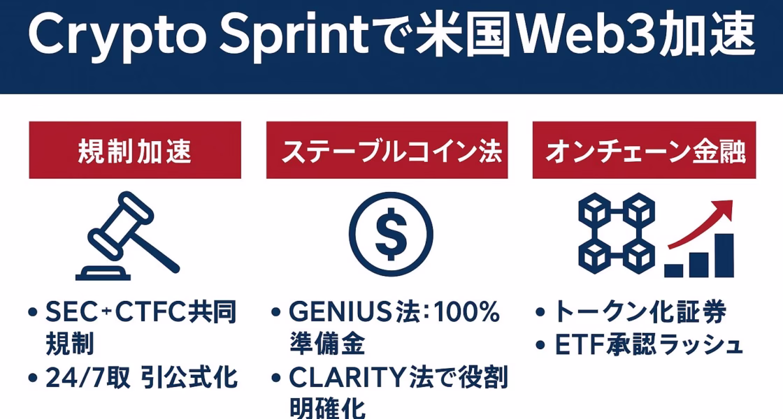 米国旗色でまとめた横長インフォグラフィック。「Crypto Sprintで米国Web3加速」を見出しに、規制加速・ステーブルコイン法・オンチェーン金融の3項目をアイコンと箇条書きで整理した図解。