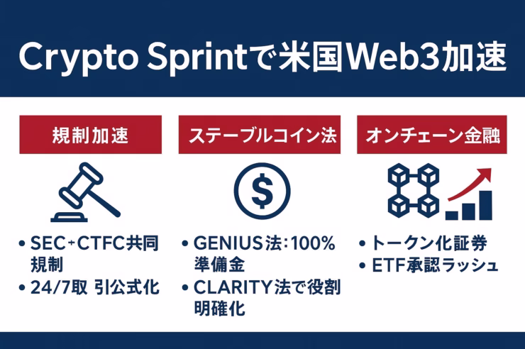 米国旗色でまとめた横長インフォグラフィック。「Crypto Sprintで米国Web3加速」を見出しに、規制加速・ステーブルコイン法・オンチェーン金融の3項目をアイコンと箇条書きで整理した図解。