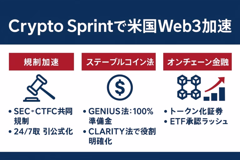 米国旗色でまとめた横長インフォグラフィック。「Crypto Sprintで米国Web3加速」を見出しに、規制加速・ステーブルコイン法・オンチェーン金融の3項目をアイコンと箇条書きで整理した図解。