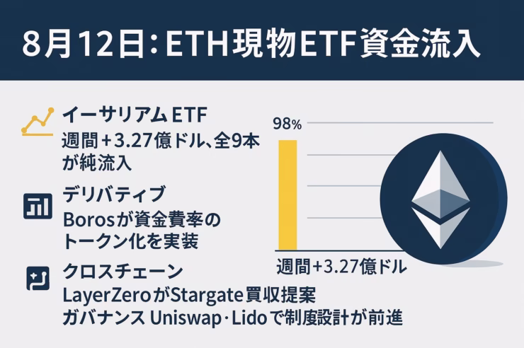 8/4〜8/8にETH現物ETFへ+3.27億ドル流入。全9本が純流入し需給改善。Borosの資金費率トークン化やLayerZeroのStargate買収提案も進展（JST 2025/08/12）。