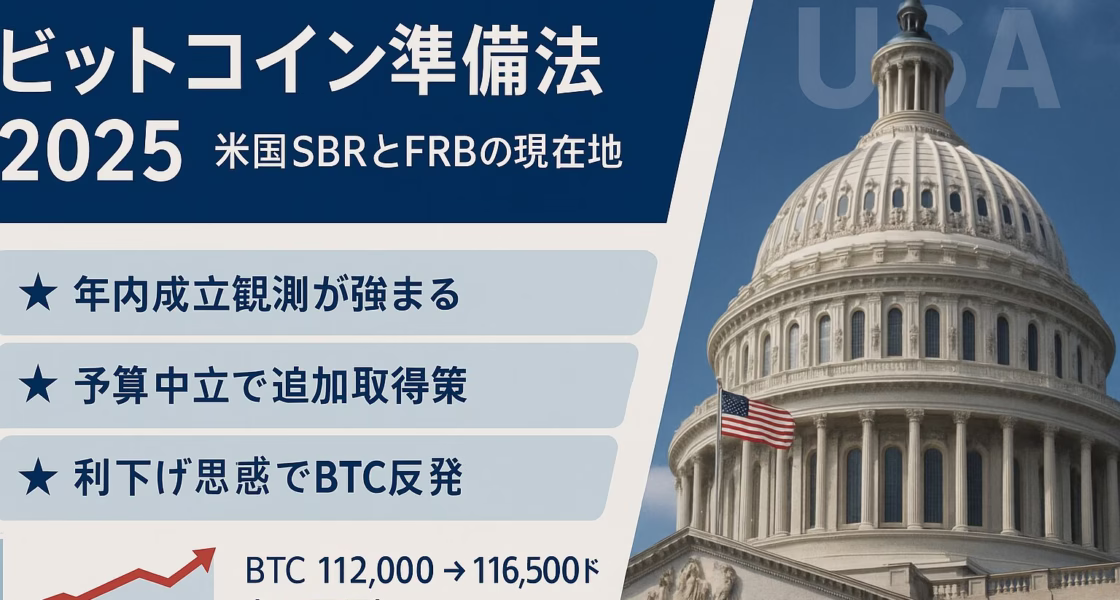 米国「ビットコイン準備法」審議中、Bo Hines氏は2025年内成立に自信。FRB利下げ観測後BTCは11.2万→11.65万ドルに上昇（2025-08-27 JST）。