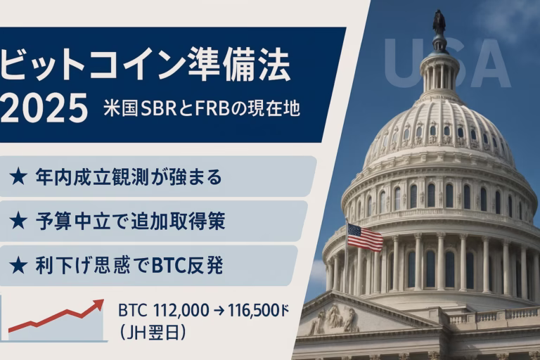 米国「ビットコイン準備法」審議中、Bo Hines氏は2025年内成立に自信。FRB利下げ観測後BTCは11.2万→11.65万ドルに上昇（2025-08-27 JST）。