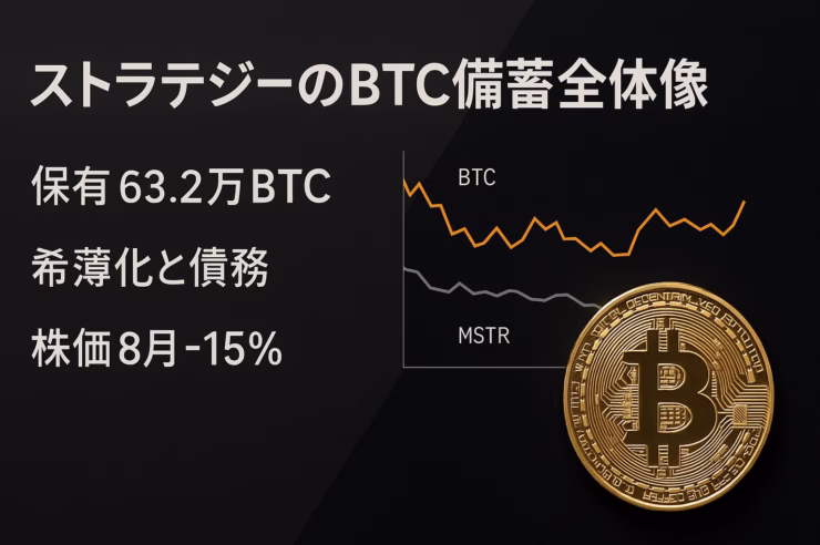 2025年8月末のBTC保有は63.2万枚（総供給3%）、株価は8月–15%。資金調達とMiCA規制が市場リスク。JST2025/8/29基準。