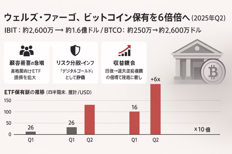 ウェルズ・ファーゴのBTC保有増加を示す画像。見出し『保有6倍の急拡大』。要点は①IBIT保有1.6億ドル②顧客需要とインフレヘッジ③Q2のBTC+30%。JST 2025/06末時点のSEC資料に基づく要約。