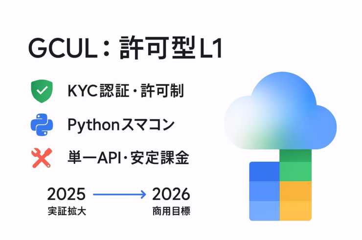 Google CloudのGCULはPythonスマートコントラクトと月次安定課金を採用。CMEと2025年に実証拡大し、商用は2026年目標（JST）。
