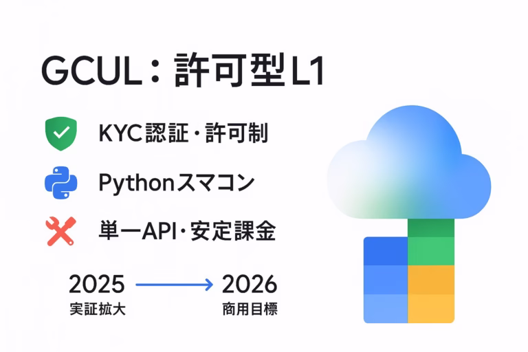 Google CloudのGCULはPythonスマートコントラクトと月次安定課金を採用。CMEと2025年に実証拡大し、商用は2026年目標（JST）。