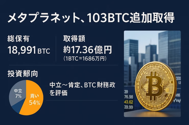 メタプラネットが103BTCを17.36億円で追加取得し総保有は1万8991BTCに。8/25には第19回社債30億円を繰上償還、BTC Yieldは年初来479.5%。