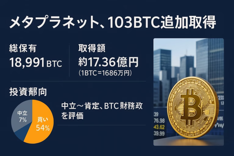 メタプラネットが103BTCを17.36億円で追加取得し総保有は1万8991BTCに。8/25には第19回社債30億円を繰上償還、BTC Yieldは年初来479.5%。