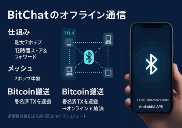 BitChatはBLEメッシュで7ホップ中継＆12時間保持。署名済みBitcoin TX搬送も可能。2025/7/28 iOS公開、災害・検閲耐性に注目。