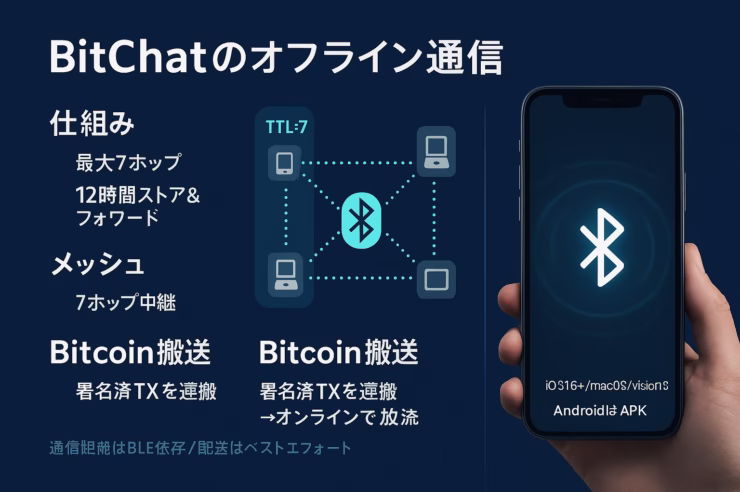 BitChatはBLEメッシュで7ホップ中継＆12時間保持。署名済みBitcoin TX搬送も可能。2025/7/28 iOS公開、災害・検閲耐性に注目。