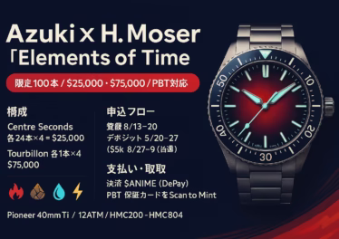 Azuki×H. Moser限定時計「Elements of Time」の概要。数量＝Centre96本/Tourbillon4本、価格$25k/$75k、PBT真贋証明付。販売は抽選＋$ANIME決済。JST2025/8/13発表。