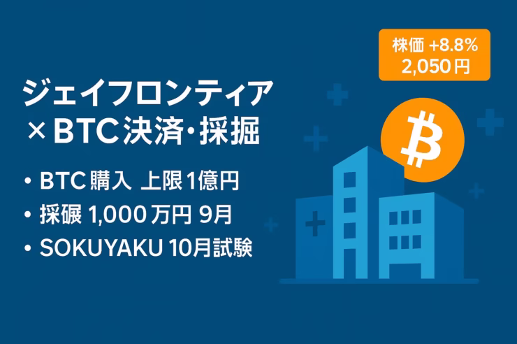 ジェイフロンティアがBTC決済導入とマイニング参入を発表。最大1億円のBTC購入＋1,000万円の採掘投資。株価は8/28に+8.8%（2,050円）まで上昇。