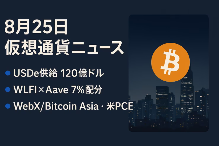 8/25未明にBTCが11.1万ドル割れ（-3.1%/24h）、ETHは4,900ドル台維持。USDe供給120億ドル更新と週内イベント集中（東京WebX、香港Bitcoin Asia、米コアPCE）に注目。