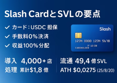 Slash Cardは25年上期提供予定、USDC担保型×オリコ連携。Slash Paymentは0%手数料で4,000店超・累計$1.8億処理（2022-10〜、JST基準）。