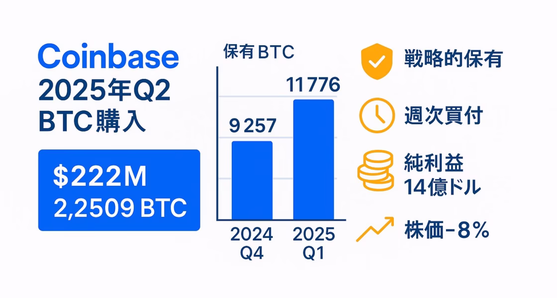Coinbaseが2025年第2四半期に2億2,200万ドル（2,509 BTC）を購入した概要を示す横長インフォグラフィック。左にタイトルと金額、中央にBTC保有推移の棒グラフ、右に戦略的保有・週次買付・純利益14億ドル・株価-8%を示す4つのアイコンを配置。