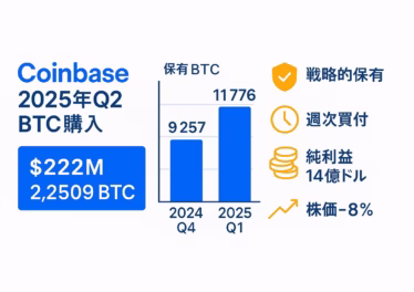 Coinbaseが2025年第2四半期に2億2,200万ドル（2,509 BTC）を購入した概要を示す横長インフォグラフィック。左にタイトルと金額、中央にBTC保有推移の棒グラフ、右に戦略的保有・週次買付・純利益14億ドル・株価-8%を示す4つのアイコンを配置。