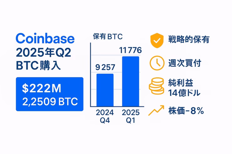 Coinbaseが2025年第2四半期に2億2,200万ドル（2,509 BTC）を購入した概要を示す横長インフォグラフィック。左にタイトルと金額、中央にBTC保有推移の棒グラフ、右に戦略的保有・週次買付・純利益14億ドル・株価-8%を示す4つのアイコンを配置。