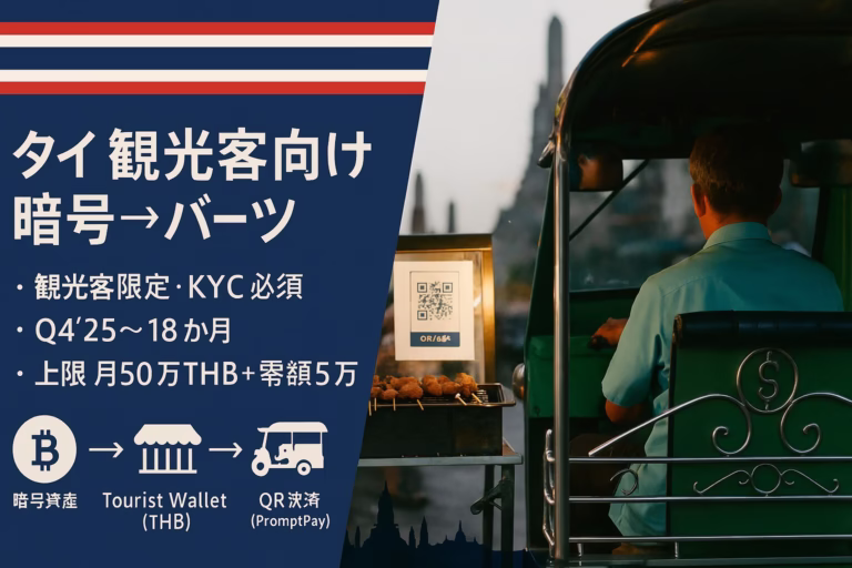 2025/8/18発表、タイ観光客向け「TouristDigiPay」開始。暗号資産→バーツ転換、月上限55万バーツ。SEC×BOTが18か月監督。