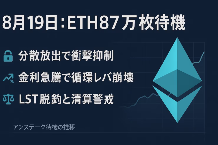ETH約81万枚が退出待機（解放は12〜15日後）。金利急騰10%台とLST脱鈎0.3〜0.4%が背景。機関流入は2週間で183万枚と需給下支え（JST 2025/8/19）。