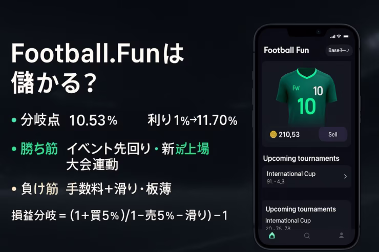 Football.Fun収益性を検証。通常分岐10.53%、可変25%で40%。勝ち筋はイベント起点、日本はPro不可（2025-08-26 JST）。