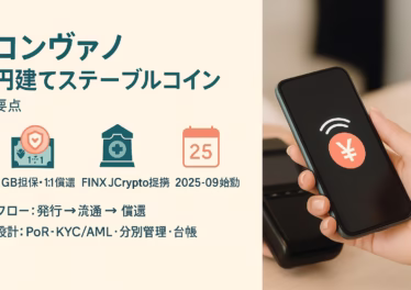 コンヴァノ、円建てステーブルコイン計画の要点 10 コンヴァノが円建てステーブル参入を発表。JGB裏付けで1:1償還、2025-09始動し5,000万円投資。BTCは累計364.925BTC取得、8/27に20億円追加決議。JST 2025-08-27