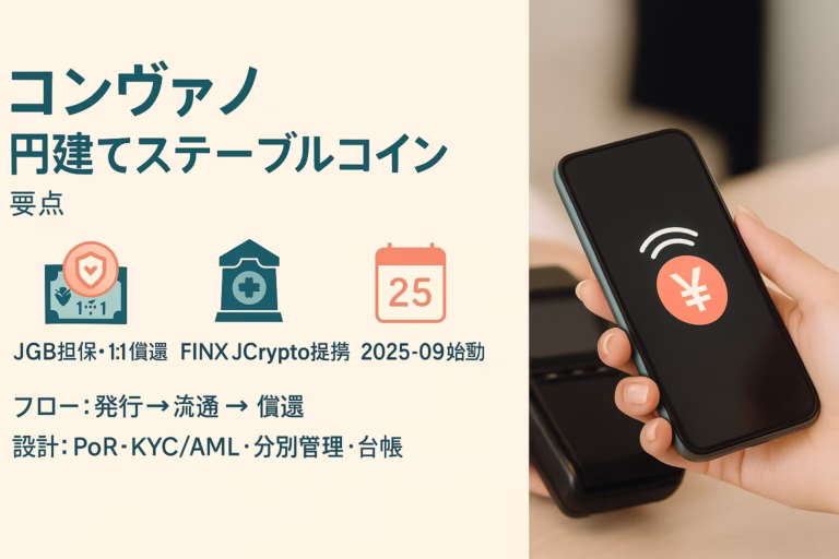 コンヴァノが円建てステーブル参入を発表。JGB裏付けで1:1償還、2025-09始動し5,000万円投資。BTCは累計364.925BTC取得、8/27に20億円追加決議。JST 2025-08-27