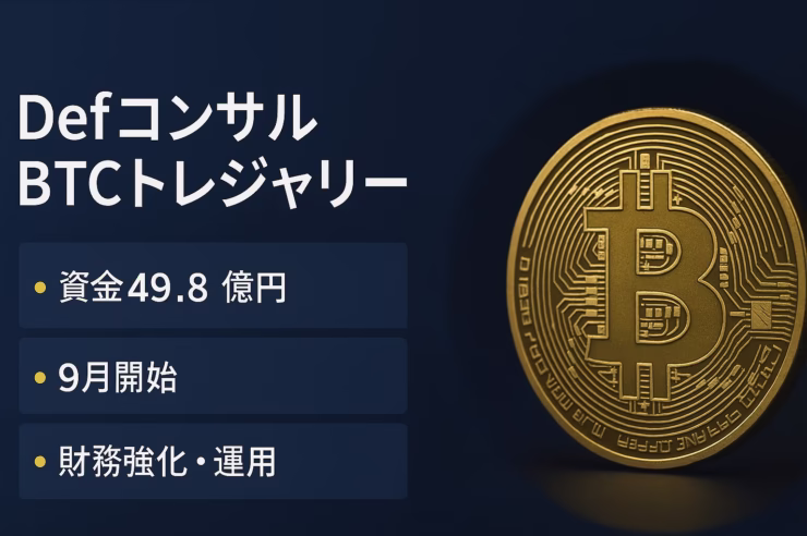 Defコンサルが約49.8億円を調達しBTC取得へ。事業開始は2025年9月、国内No.1保有企業を目標。株価は100円台から急騰。