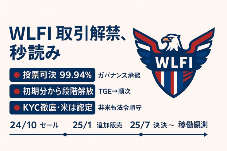 WLFIトークンは総供給1000億、分配はセール35%・コミュ32.5%。2025年7月投票で取引解禁が99.94%可決