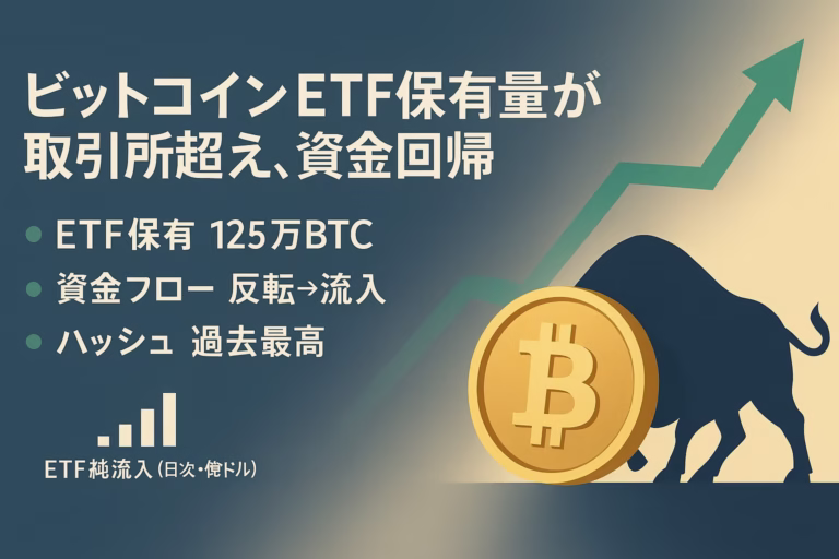 2025-08-27時点、ETF保有125万BTCで取引所を超過。CIMGの500BTC取得とFalconedgeの財務BTC化が需給を引き締め。ハッシュレート976EH/s更新。