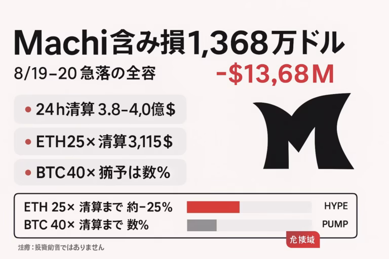 8/19〜20の急落でMachi氏に含み損1,368万ドル。ETH25倍（清算$3,115・名目1億ドル）、BTC40倍（50BTC）などの高倍率ロングがリスクに直結。