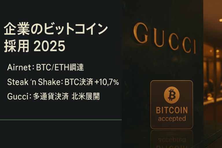 Airnetが819BTC含む1.8億ドルを調達、Steak ’n ShakeはBTC決済で既存店売上+10.7%。Gucciは2022年に北米直営店へ多通貨決済を拡大（JST 2025/8/30確認）。