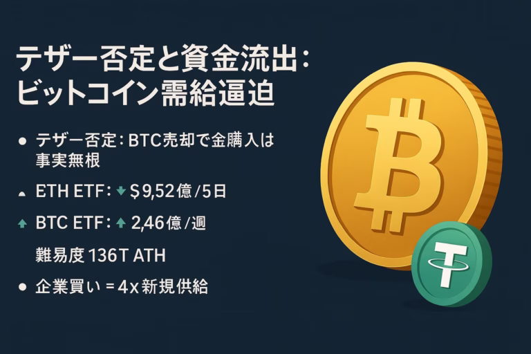 2025/09/07 JST時点。ETH現物ETFは5営業日で約9.52億ドル流出、対照的にBTCは約2.46億ドル流入。非流動供給は1,430万BTC（72%）と過去最高に到達。