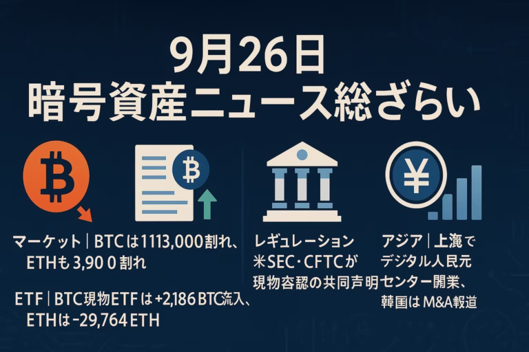 9/26（JST）まとめ。①BTCは$113,000割れ、②BTC現物ETFは+2,186BTC流入。制度面では米当局が現物商品の扱いを前進。数値は9/25データを採用。