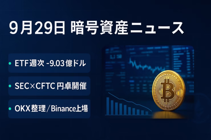 9/29（JST）まとめ。①ETFは週次−9.03億ドルで短期は慎重。②本日SEC・CFTC円卓、OKX整理とRON買い戻し、9/30にBTCステーキング実装予定。数値：ETF週次−903,000,000。