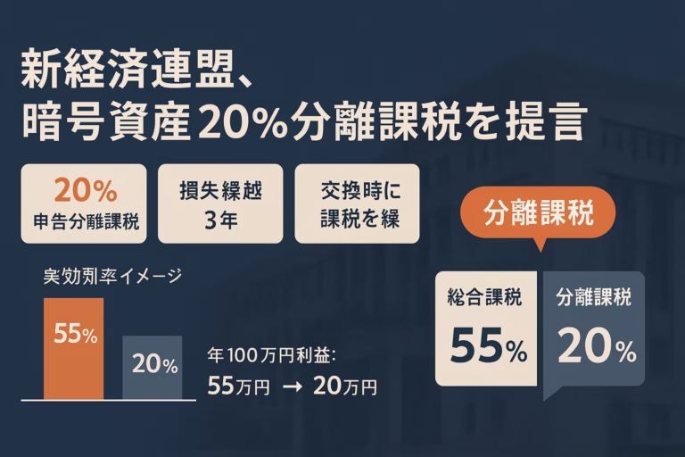 2025-09-10 JST、JANEが暗号資産20%分離課税・損失繰越3年・交換課税繰延を提言。現行は最高55%課税。最速2026年度施行見込み。