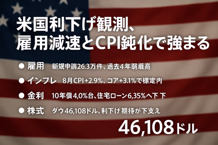 2025-09-12 09:00 JST時点。要点①申請26.3万件・CPI+2.9%で利下げ観測が強化。要点②10年債4.0%台・住宅ローン6.35%で家計負担緩和。数値：ダウ46,108ドル。