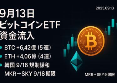 9/13（JST）時点の要点2つ：BTC現物ETFは+6.42億ドルで5日連続、ETHは+4.06億ドルで4日連続。MKR→SKY移行は9/18期限で9/22以降は逾期-1%ペナルティ。