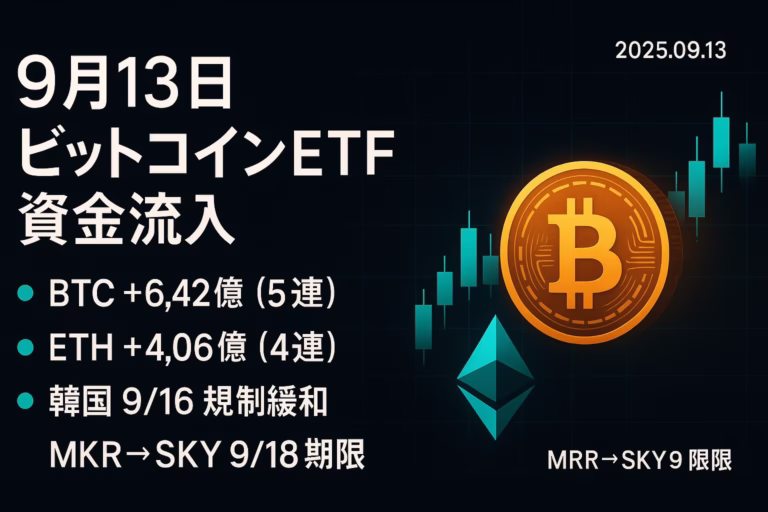 9/13（JST）時点の要点2つ：BTC現物ETFは+6.42億ドルで5日連続、ETHは+4.06億ドルで4日連続。MKR→SKY移行は9/18期限で9/22以降は逾期-1%ペナルティ。