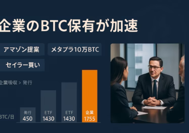9月初旬のBTC市場整理。①アマゾン株主がBTC評価提案、②メタプラネットが2026年末10万BTC計画。River推計で企業吸収1,755BTC/日と発行450BTCの約4倍（2025-08-25時点）。