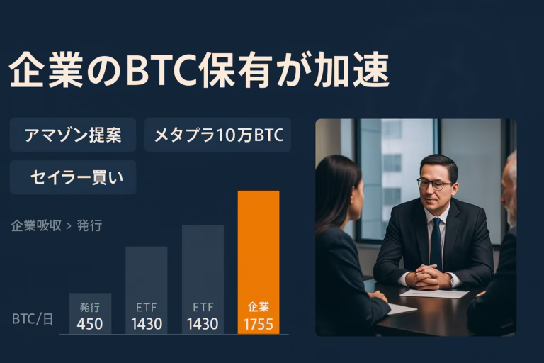 9月初旬のBTC市場整理。①アマゾン株主がBTC評価提案、②メタプラネットが2026年末10万BTC計画。River推計で企業吸収1,755BTC/日と発行450BTCの約4倍（2025-08-25時点）。