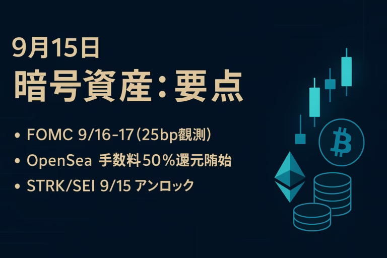9/15はOpenSea手数料50%還元開始とSTRK/SEIの大型アンロックが同日集中。FOMCは9/16–17（JST）開催見通し。STRK約1.27億解放など需給要因に要警戒。