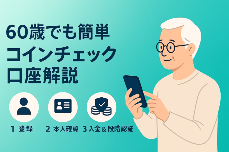 60歳でも簡単に始められるコインチェック口座解説の横長インフォグラフィック。左側に『登録・本人確認・入金＆二段階認証』の3ステップが大きく表示され、右側にはスマホを操作するシニア男性のイラスト。背景はコインチェックらしい明るいターコイズ色で、左側余白を広く確保したシンプルな構成。