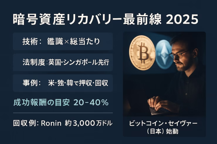 暗号資産リカバリーの最新動向を整理。①日本初「ビットコイン・セイヴァー」設立（成功報酬40%）②米Ronin事件で約3,000万ドル回収。2025-09-16 JST更新。