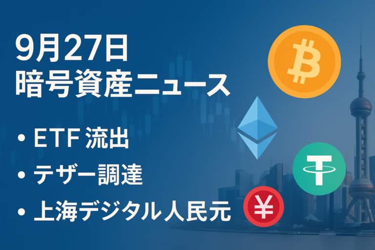 9/27の要点は①BTC/ETH現物ETFの流出継続、②テザーの大型調達報道。数値はBTC−4.18億$（9/26米東部）。JST 2025-09-27 15:00 時点の整理です。