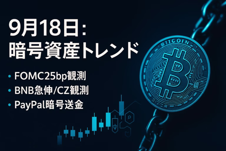 9/18 JSTの注目はFOMC利下げ後の見通し変更とパウエル発言。BNBは時価総額約1,330億ドル報道。出所はFRB公式と各社発表・報道で確認。