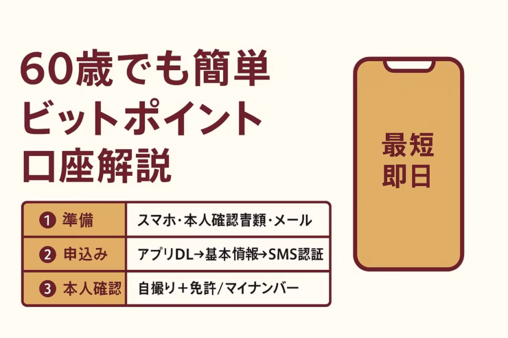 60歳でも簡単に口座開設できるビットポイントの手順を示す横長インフォグラフィック。見出しは『60歳でも簡単 ビットポイント口座解説』。左に余白を確保し、中央に準備・申込み・本人確認の3ステップを整理。右にスマホのシンプルなイラストが配置され、最短即日で取引開始できることを強調している。