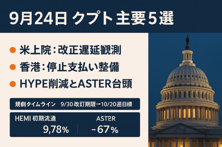 米は法案改訂が9/30困難で延期観測、香港は停止支払いの枠組み検討。HEMIは初期流通9.78%と発表。2025-09-24 12:00 JST。