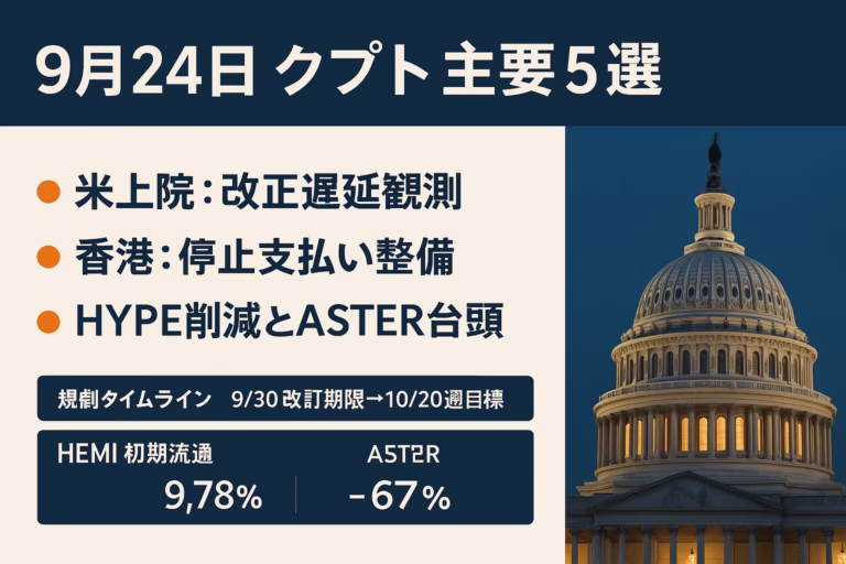 米は法案改訂が9/30困難で延期観測、香港は停止支払いの枠組み検討。HEMIは初期流通9.78%と発表。2025-09-24 12:00 JST。