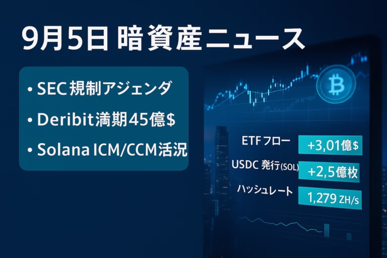 9/5はSEC規制アジェンダ公表とDeribit満期45億ドルが重なり、BTC建玉は10.5万〜11万ドル帯に集中。ABTC上場+17%やRWA制度進展も注目（JST9/5 16:00）。